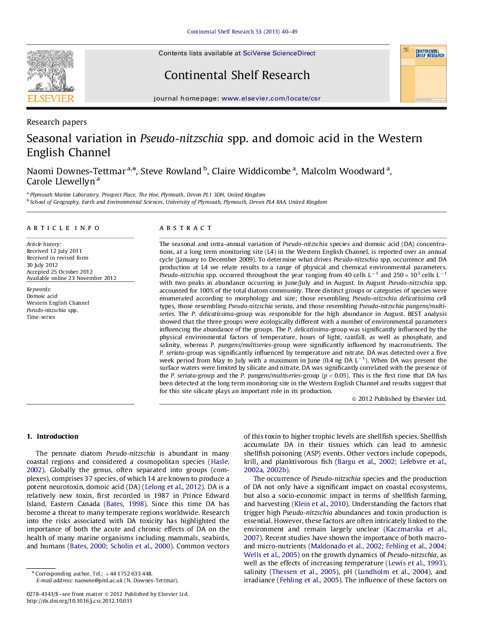 Seasonal variation in Pseudo-nitzschia spp. and domoic acid in the Western English Channel