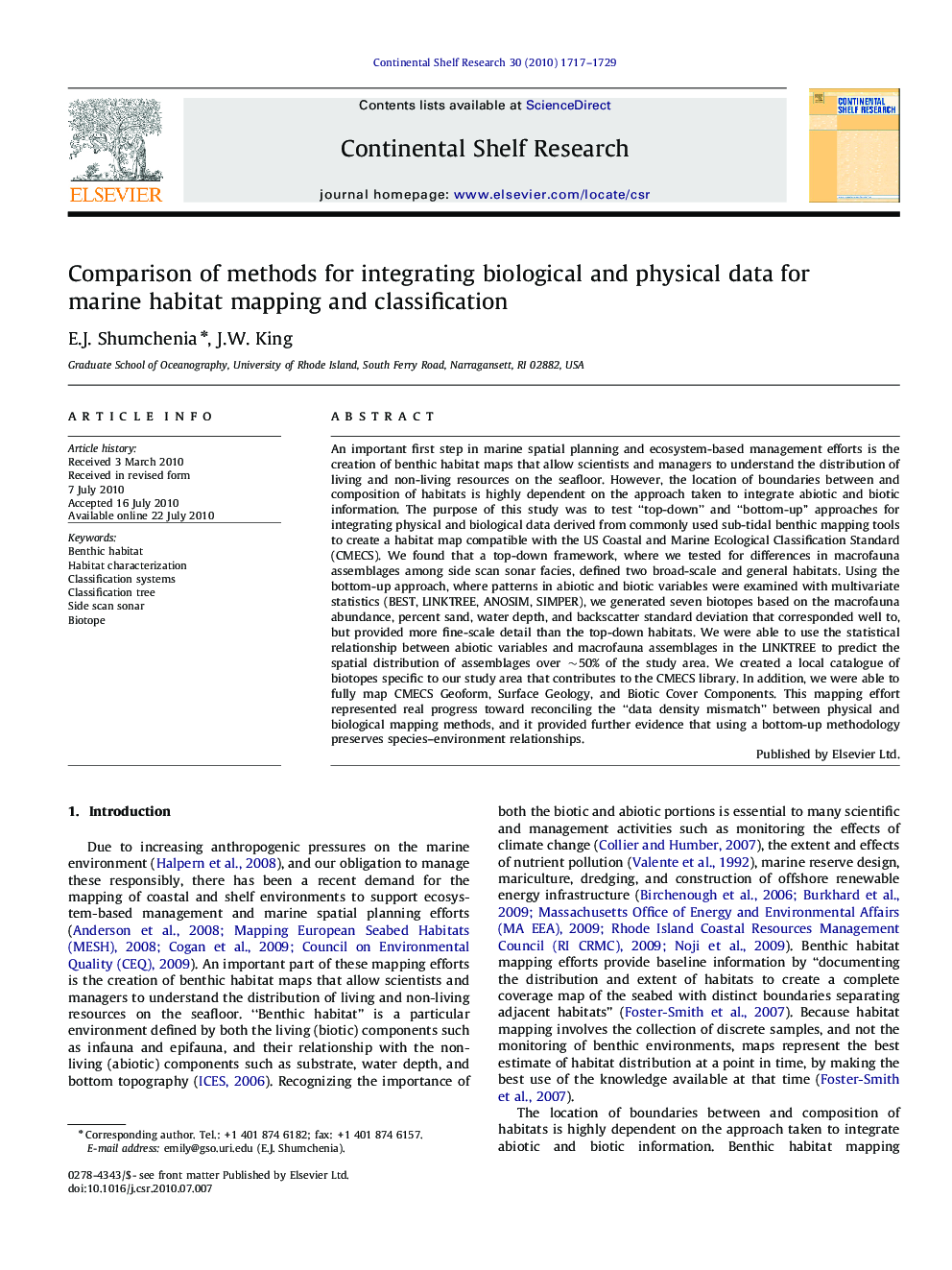 Comparison of methods for integrating biological and physical data for marine habitat mapping and classification