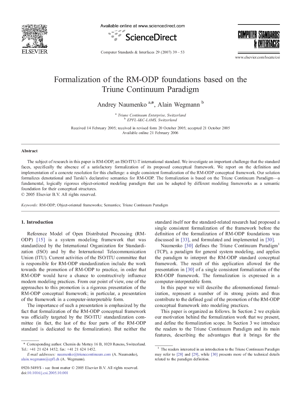 Formalization of the RM-ODP foundations based on the Triune Continuum Paradigm