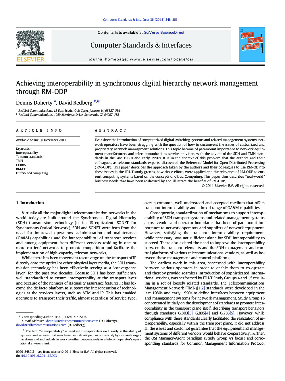 Achieving interoperability in synchronous digital hierarchy network management through RM-ODP