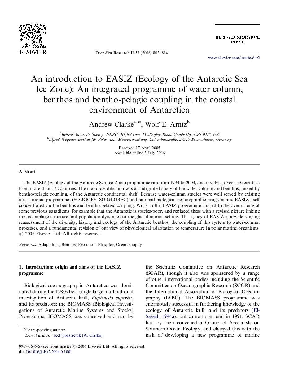 An introduction to EASIZ (Ecology of the Antarctic Sea Ice Zone): An integrated programme of water column, benthos and bentho-pelagic coupling in the coastal environment of Antarctica