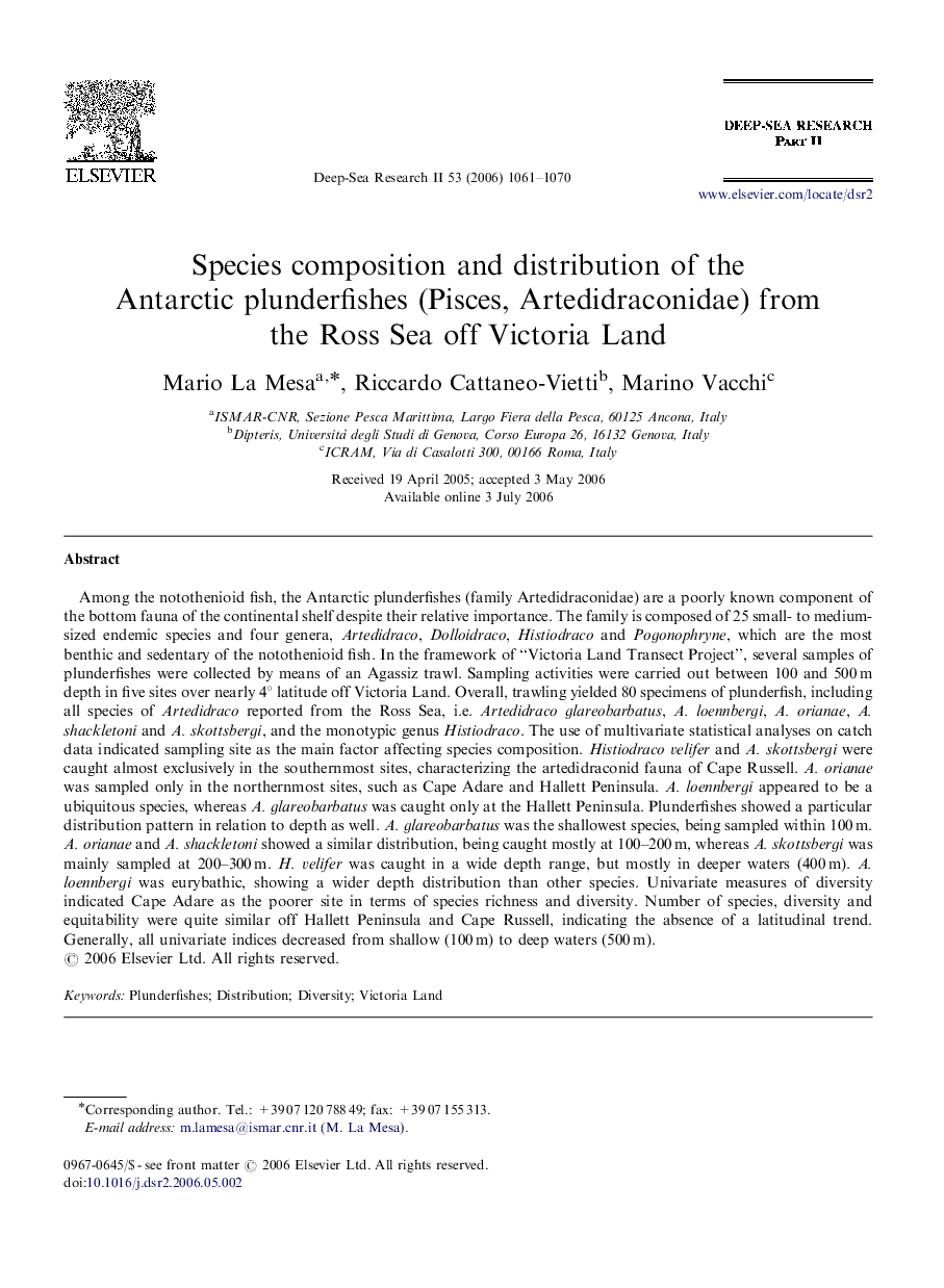 Species composition and distribution of the Antarctic plunderfishes (Pisces, Artedidraconidae) from the Ross Sea off Victoria Land