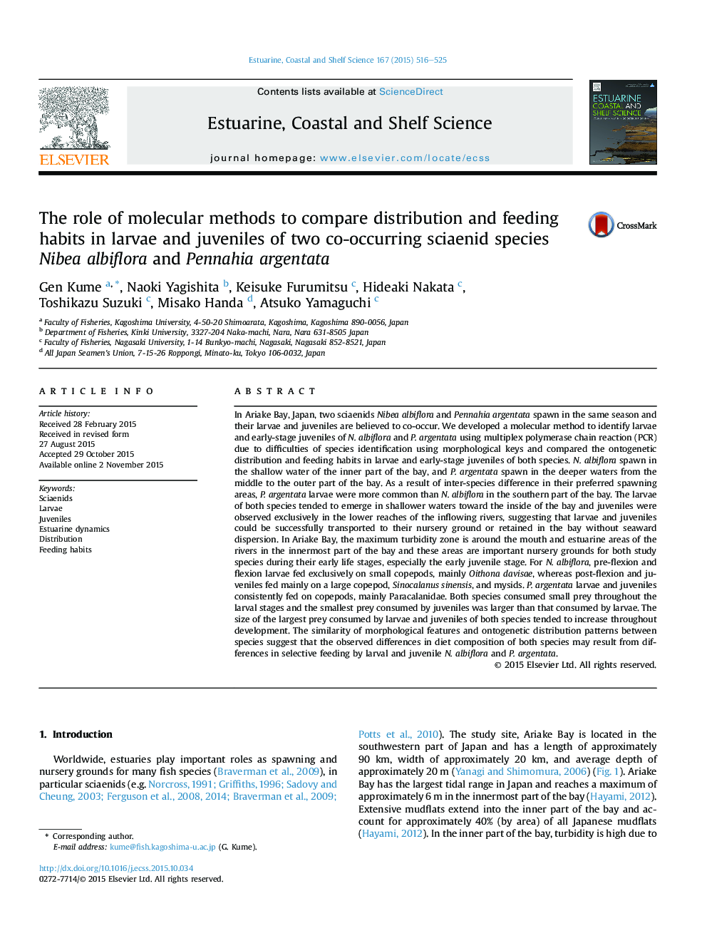 The role of molecular methods to compare distribution and feeding habits in larvae and juveniles of two co-occurring sciaenid species Nibea albiflora and Pennahia argentata