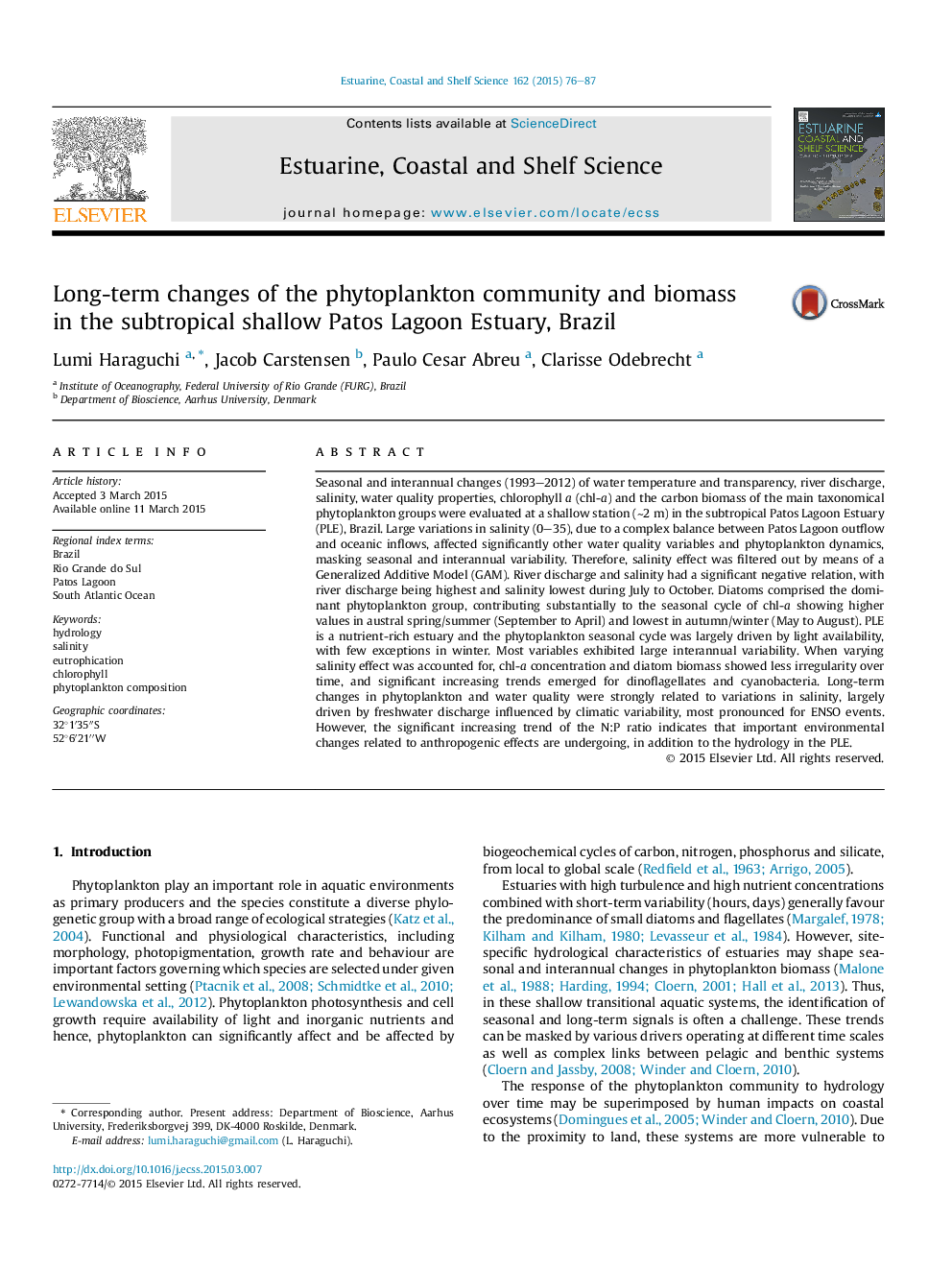 Long-term changes of the phytoplankton community and biomass in the subtropical shallow Patos Lagoon Estuary, Brazil