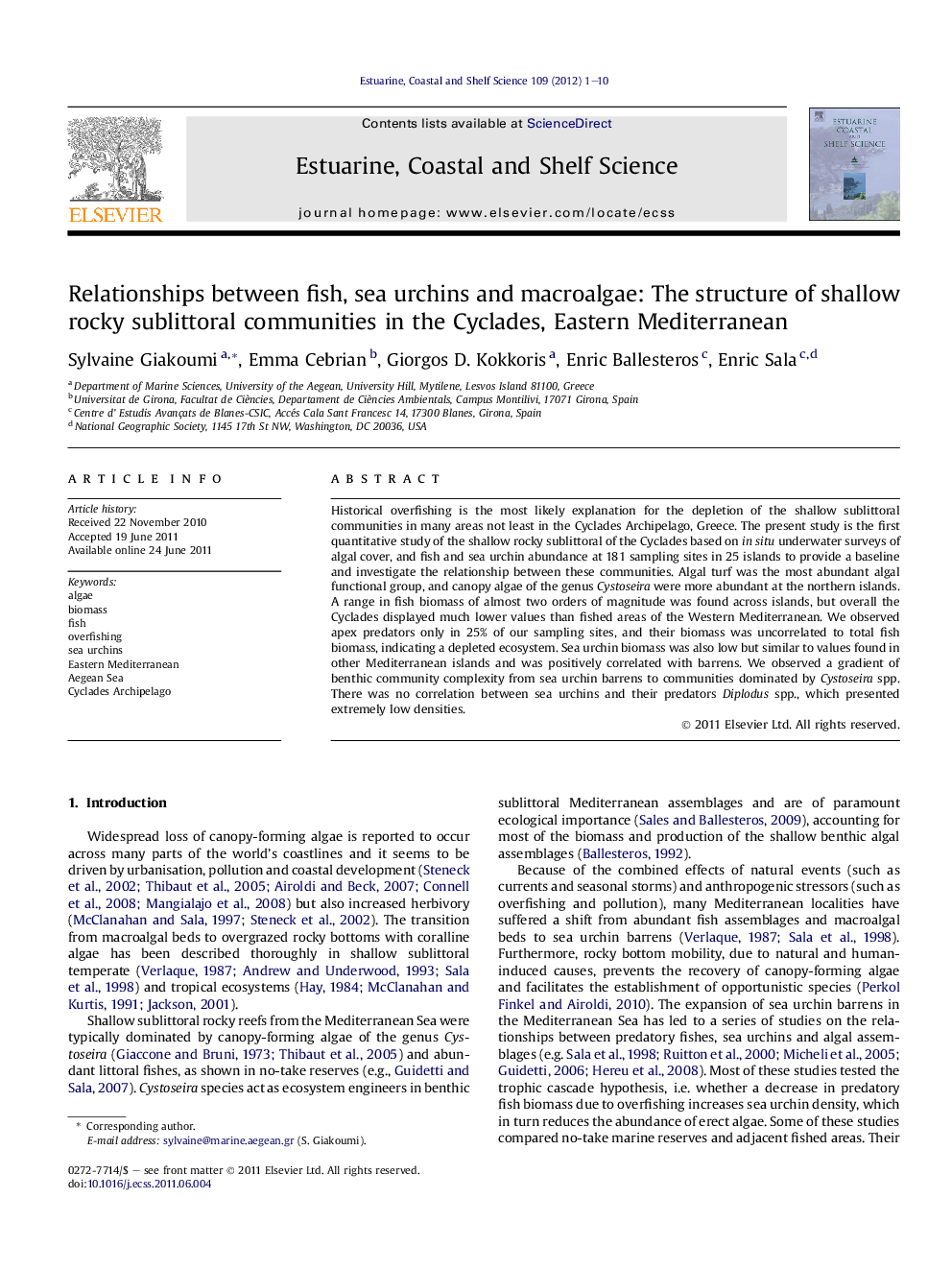 Relationships between fish, sea urchins and macroalgae: The structure of shallow rocky sublittoral communities in the Cyclades, Eastern Mediterranean