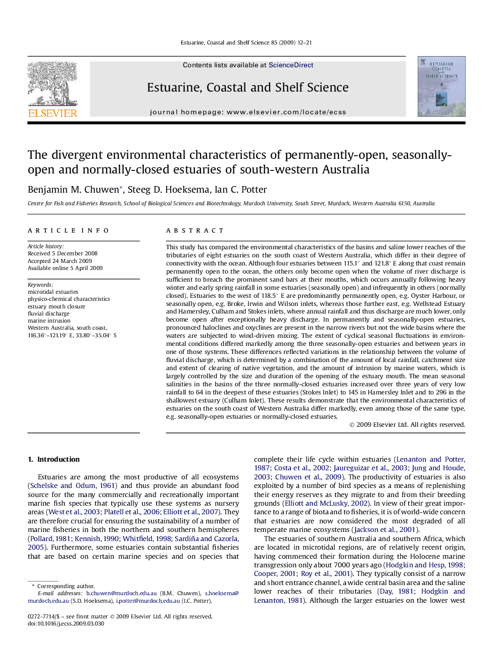 The divergent environmental characteristics of permanently-open, seasonally-open and normally-closed estuaries of south-western Australia