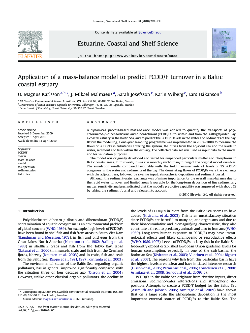 Application of a mass-balance model to predict PCDD/F turnover in a Baltic coastal estuary