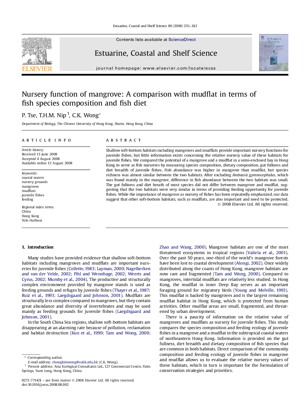 Nursery function of mangrove: A comparison with mudflat in terms of fish species composition and fish diet