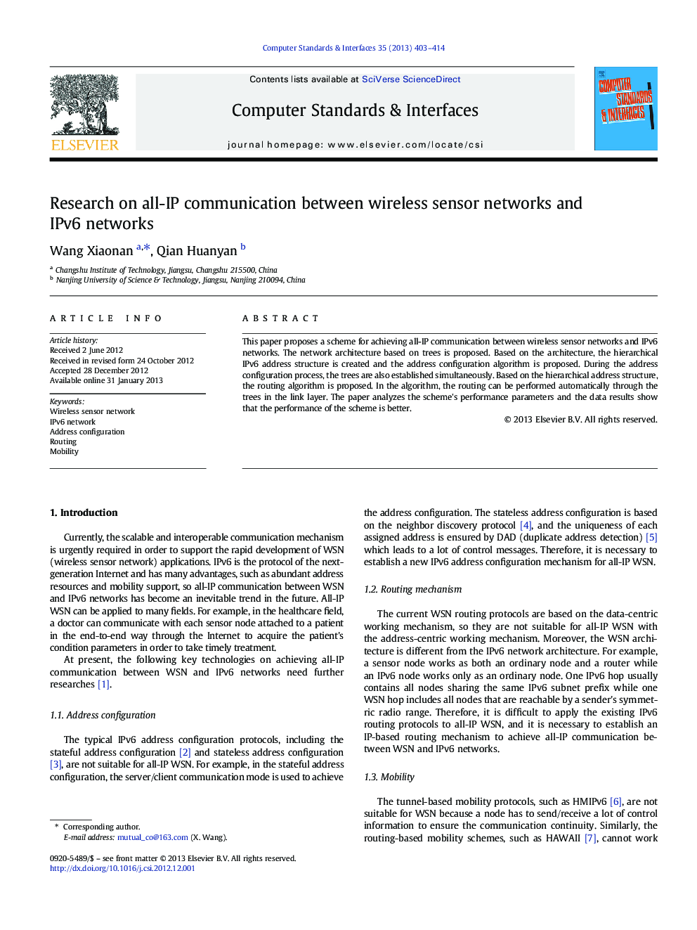 Research on all-IP communication between wireless sensor networks and IPv6 networks