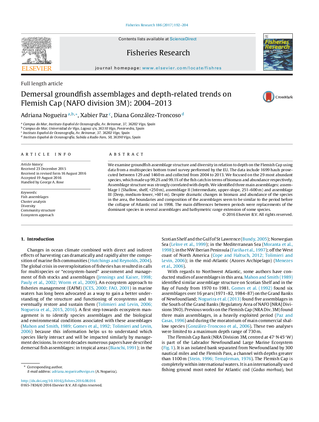 مجموعه‌های Demersal groundfish و روند مربوط به عمق در کاپ فلاندرز(NAFO تقسیم 3M): 2004-2013