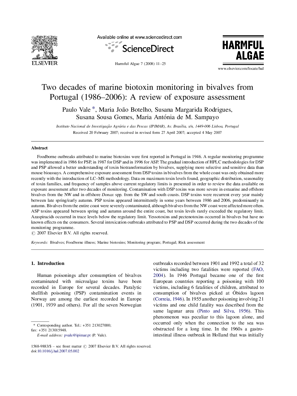 Two decades of marine biotoxin monitoring in bivalves from Portugal (1986–2006): A review of exposure assessment