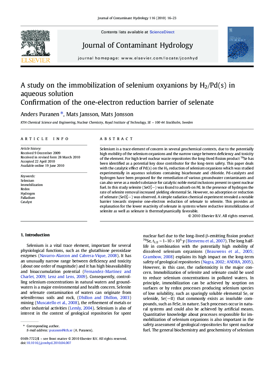 A study on the immobilization of selenium oxyanions by H2/Pd(s) in aqueous solution: Confirmation of the one-electron reduction barrier of selenate