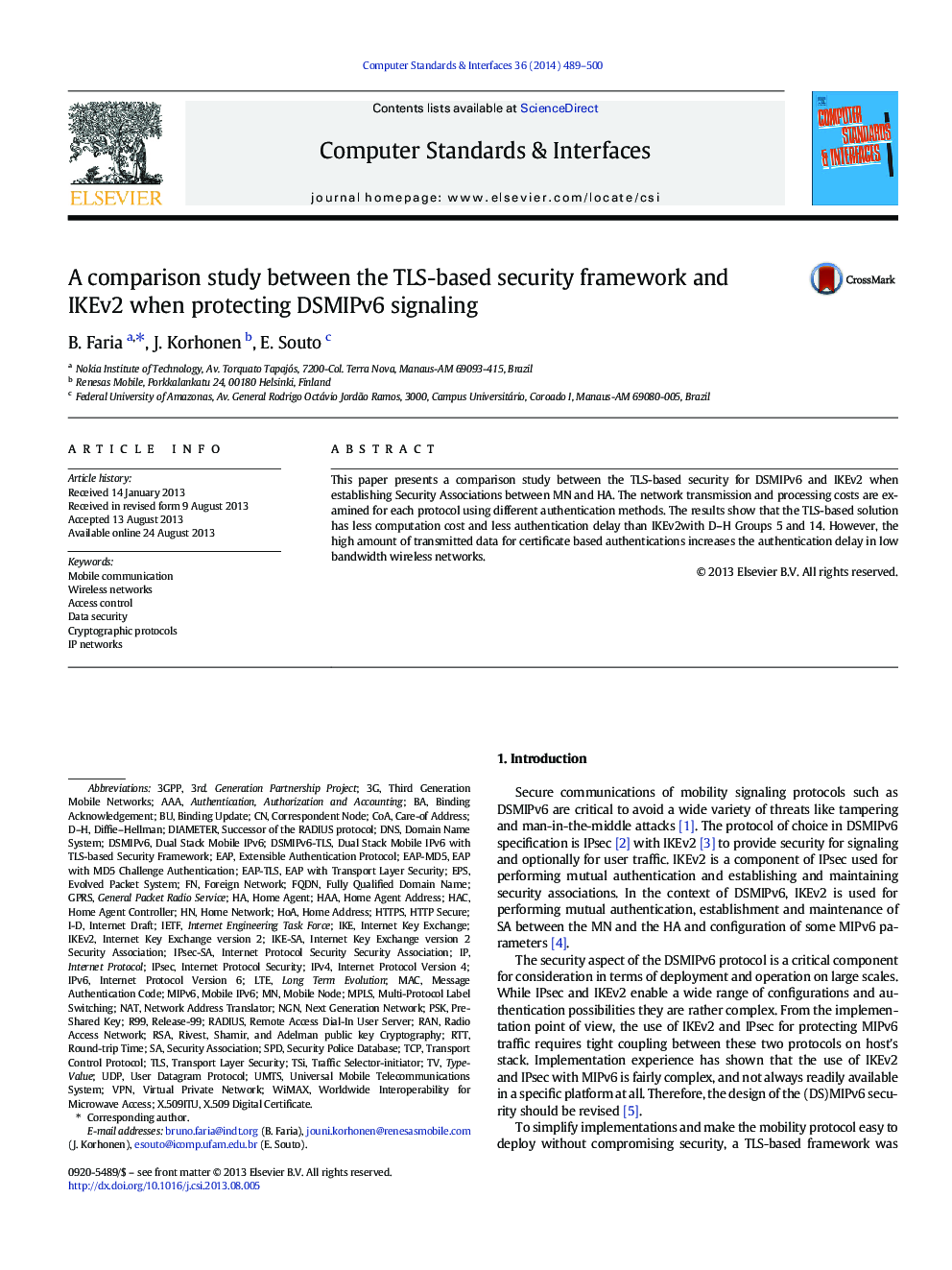 A comparison study between the TLS-based security framework and IKEv2 when protecting DSMIPv6 signaling