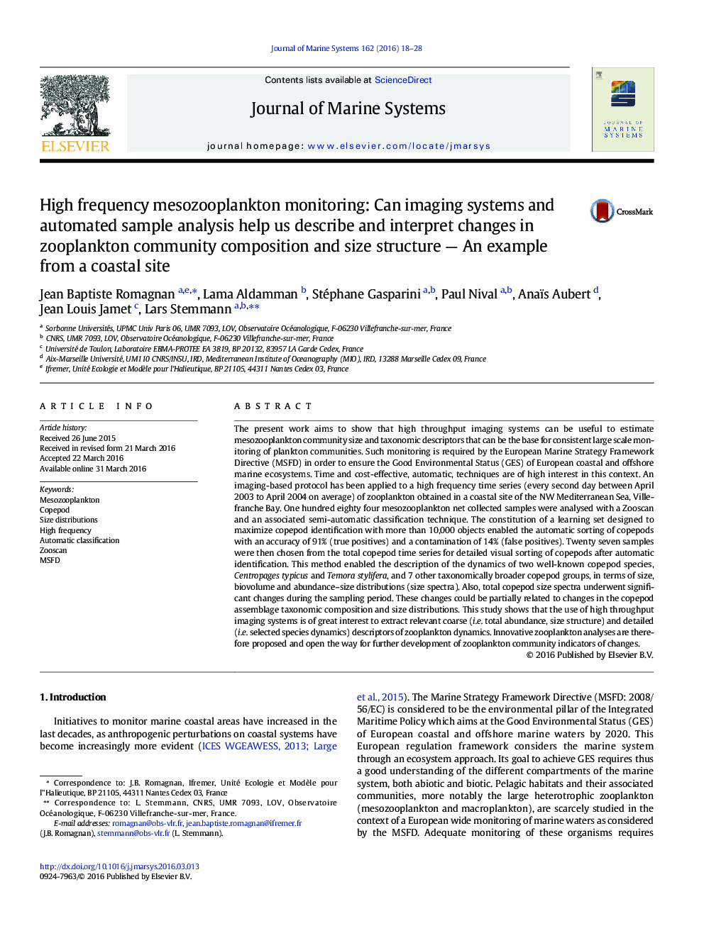 High frequency mesozooplankton monitoring: Can imaging systems and automated sample analysis help us describe and interpret changes in zooplankton community composition and size structure — An example from a coastal site