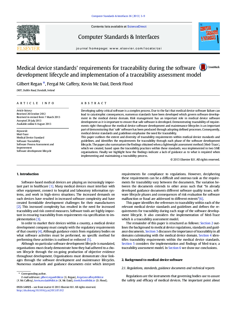 Medical device standards' requirements for traceability during the software development lifecycle and implementation of a traceability assessment model