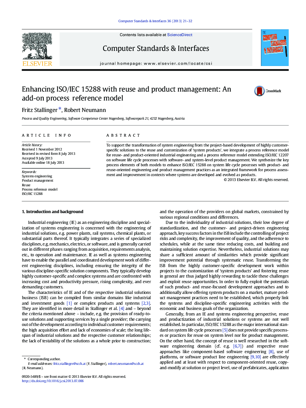 Enhancing ISO/IEC 15288 with reuse and product management: An add-on process reference model