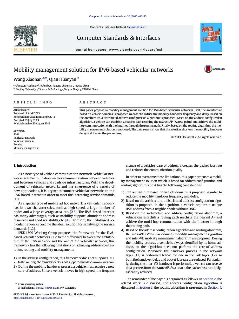 Mobility management solution for IPv6-based vehicular networks