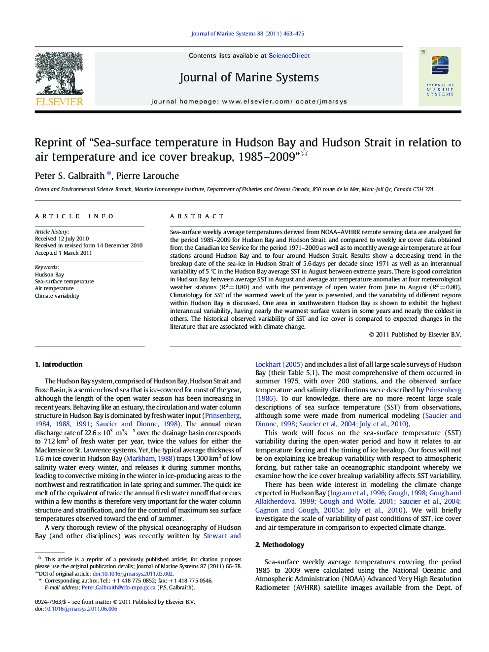 Reprint of “Sea-surface temperature in Hudson Bay and Hudson Strait in relation to air temperature and ice cover breakup, 1985–2009” 