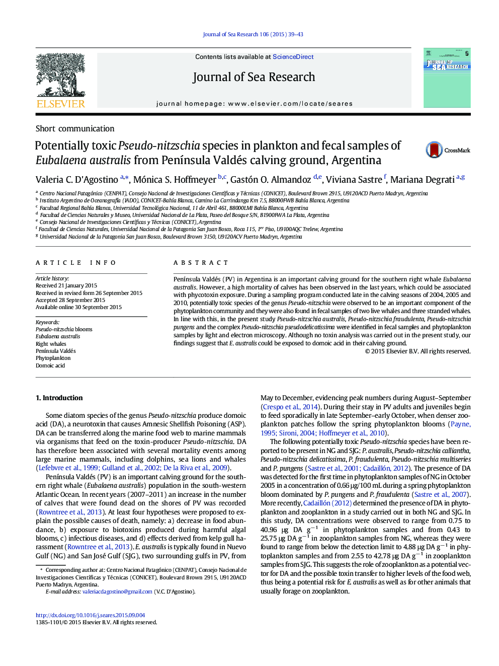 Potentially toxic Pseudo-nitzschia species in plankton and fecal samples of Eubalaena australis from Península Valdés calving ground, Argentina