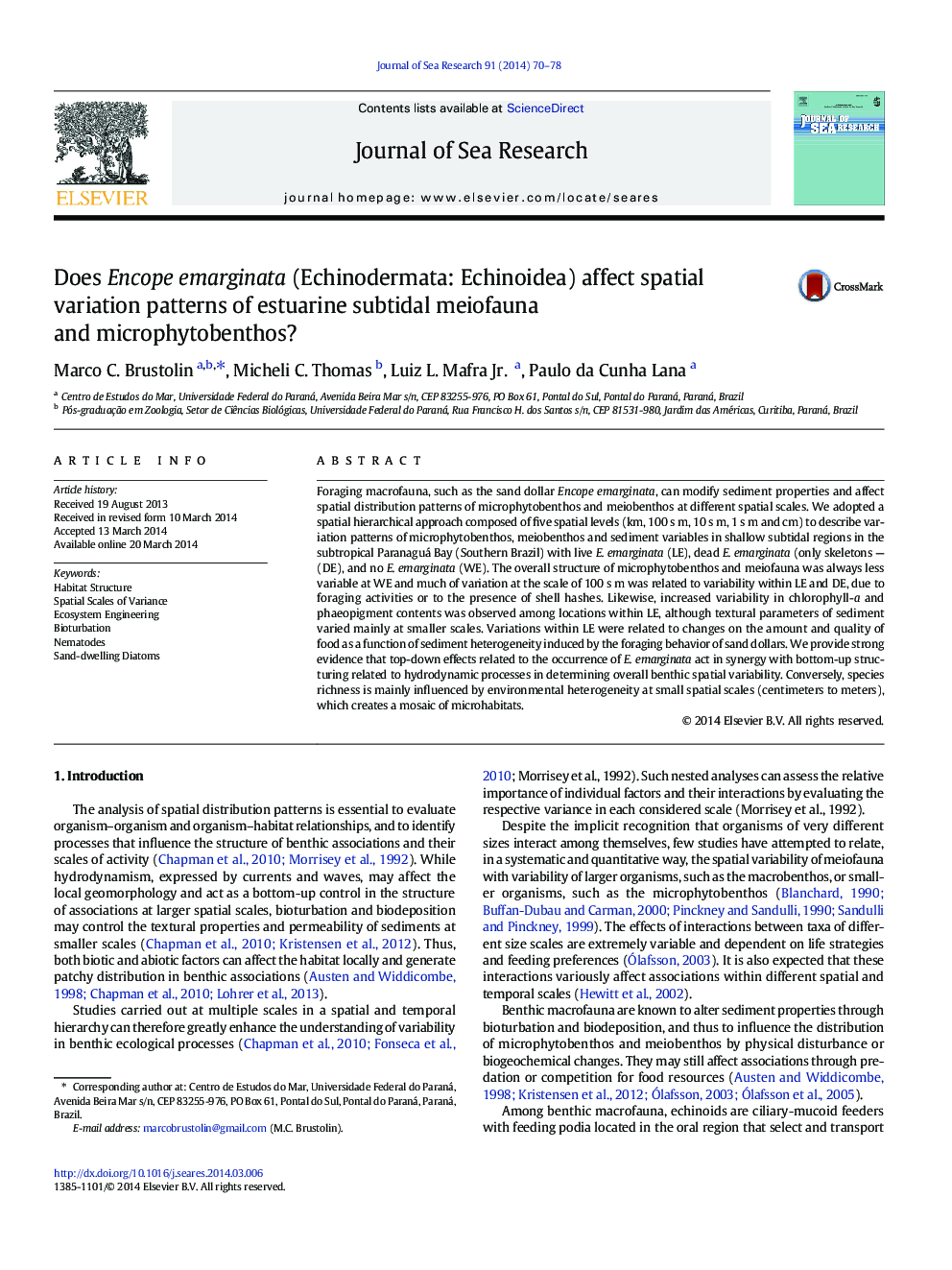 Does Encope emarginata (Echinodermata: Echinoidea) affect spatial variation patterns of estuarine subtidal meiofauna and microphytobenthos?