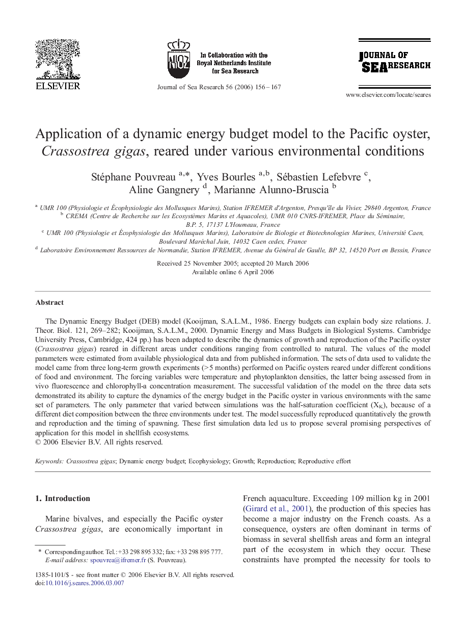Application of a dynamic energy budget model to the Pacific oyster, Crassostrea gigas, reared under various environmental conditions