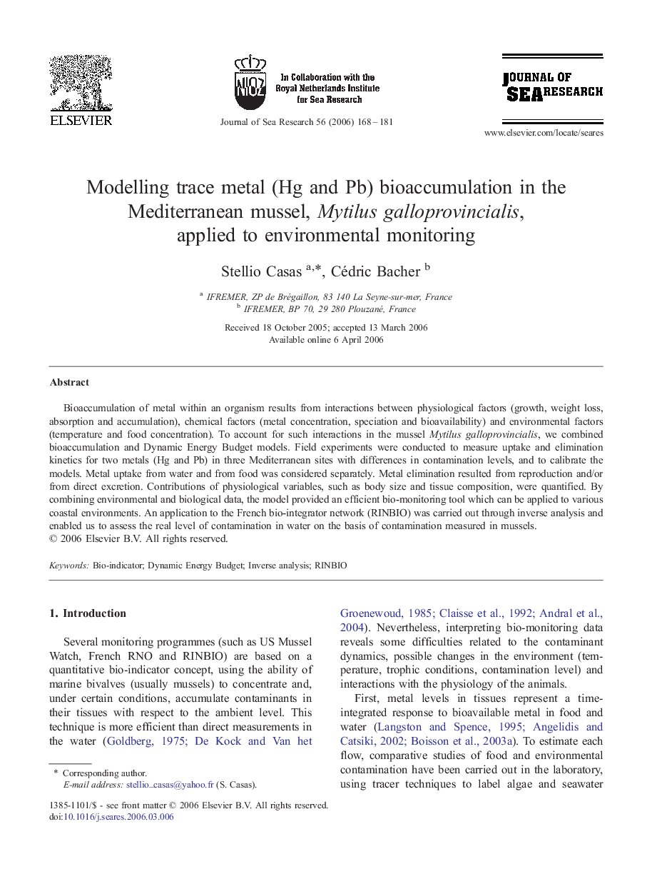Modelling trace metal (Hg and Pb) bioaccumulation in the Mediterranean mussel, Mytilus galloprovincialis, applied to environmental monitoring