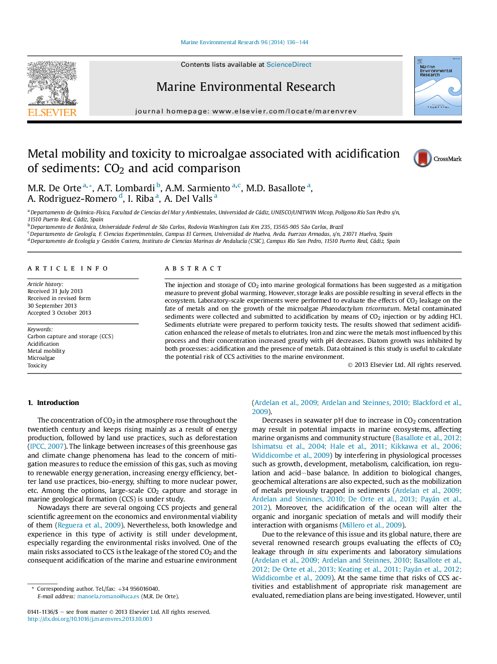 Metal mobility and toxicity to microalgae associated with acidification of sediments: CO2 and acid comparison