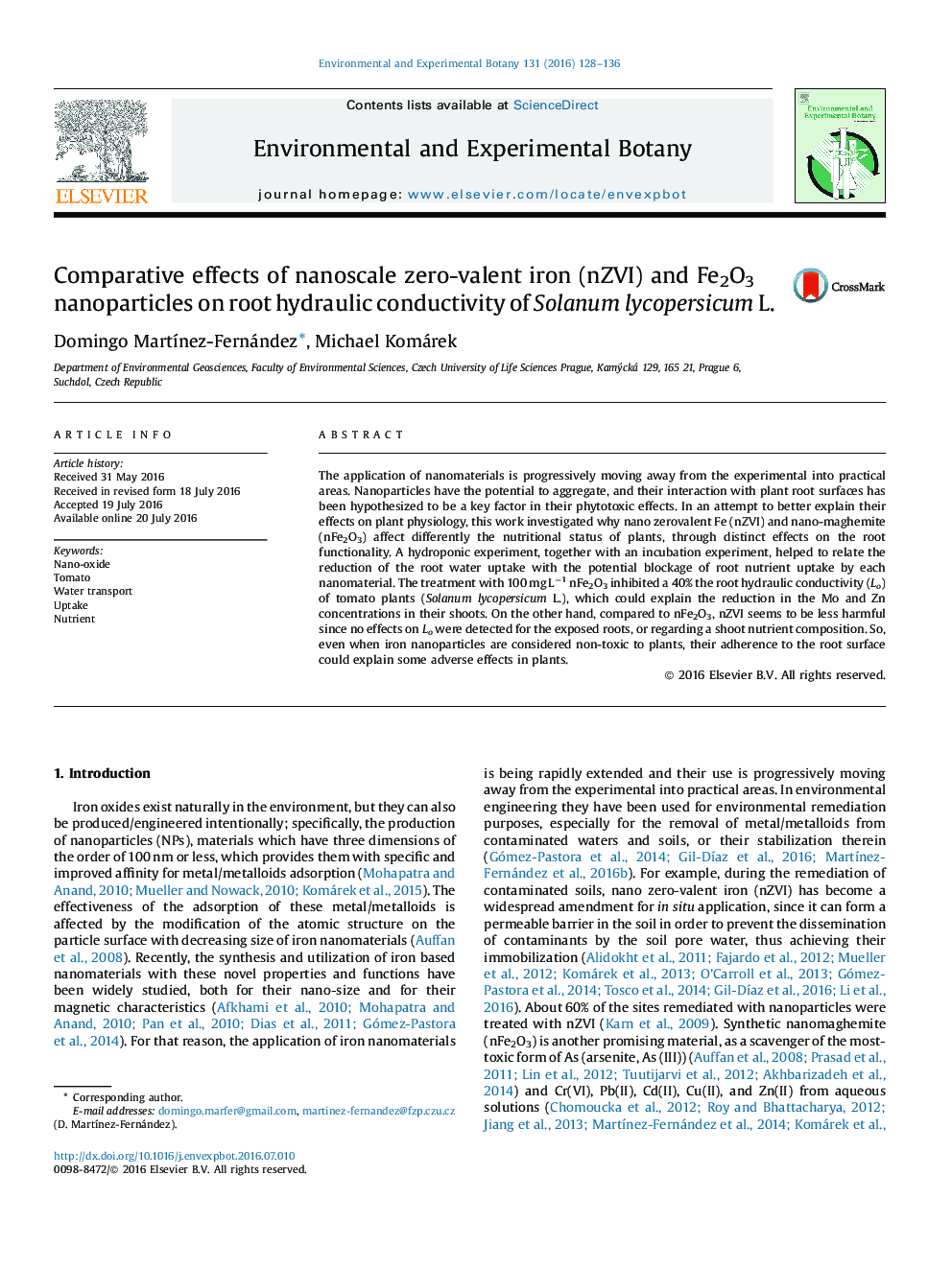 Comparative effects of nanoscale zero-valent iron (nZVI) and Fe2O3 nanoparticles on root hydraulic conductivity of Solanum lycopersicum L.