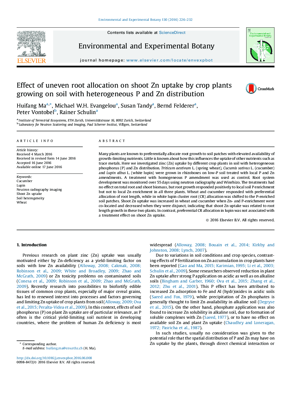 Effect of uneven root allocation on shoot Zn uptake by crop plants growing on soil with heterogeneous P and Zn distribution
