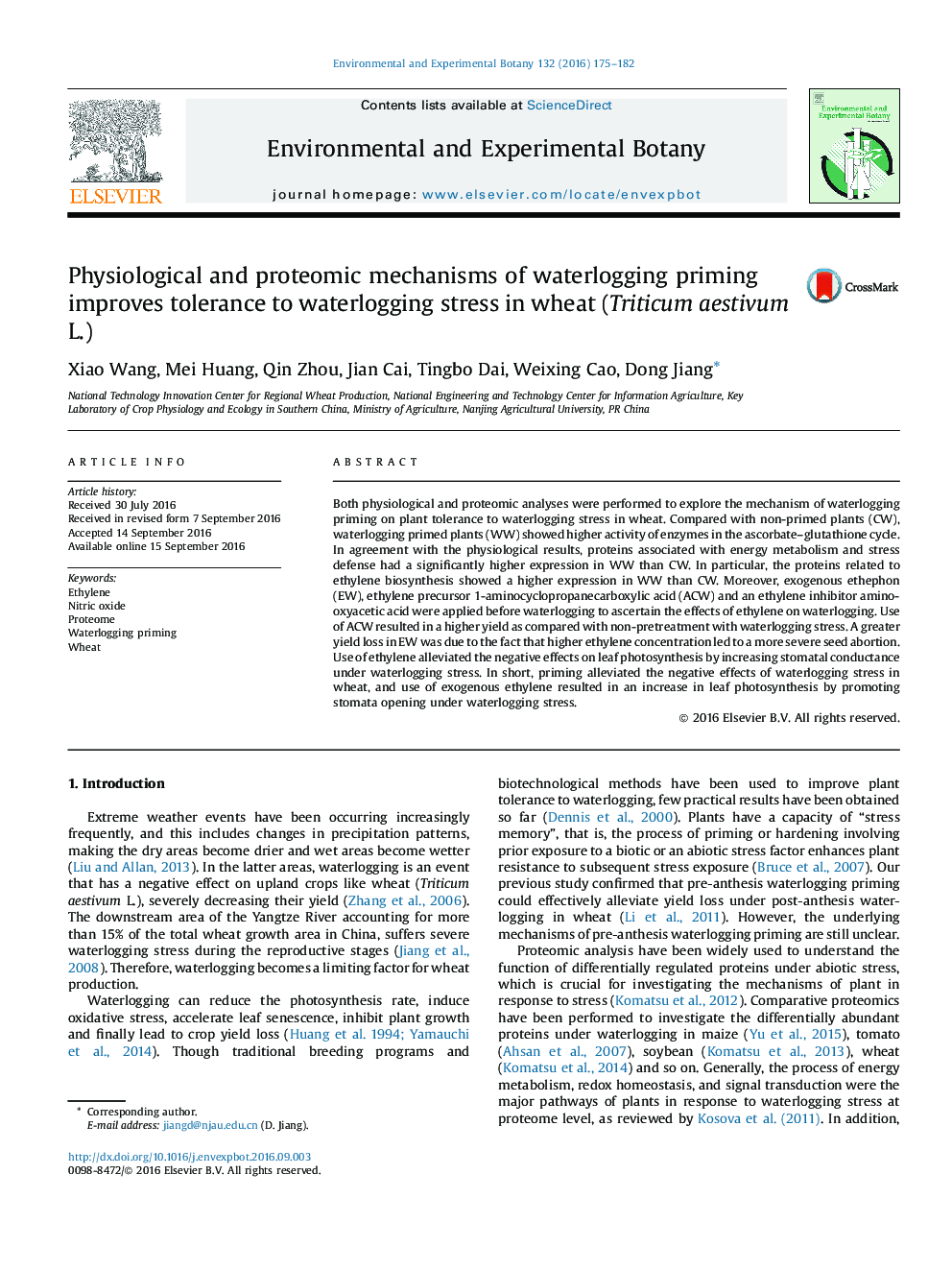 Physiological and proteomic mechanisms of waterlogging priming improves tolerance to waterlogging stress in wheat (Triticum aestivum L.)