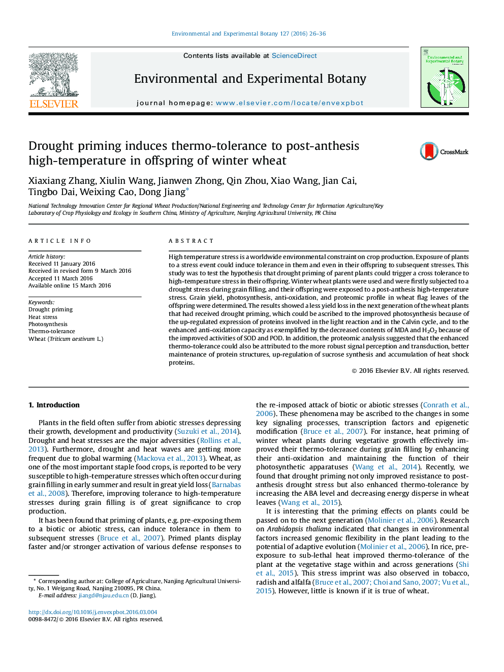 Drought priming induces thermo-tolerance to post-anthesis high-temperature in offspring of winter wheat