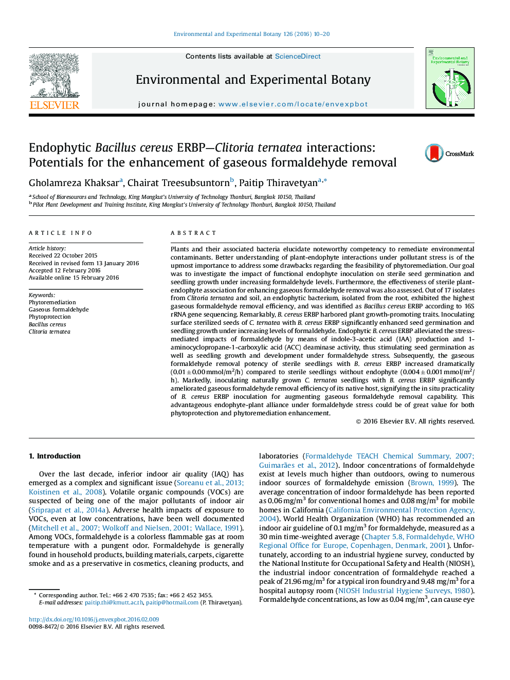 Endophytic Bacillus cereus ERBP—Clitoria ternatea interactions: Potentials for the enhancement of gaseous formaldehyde removal