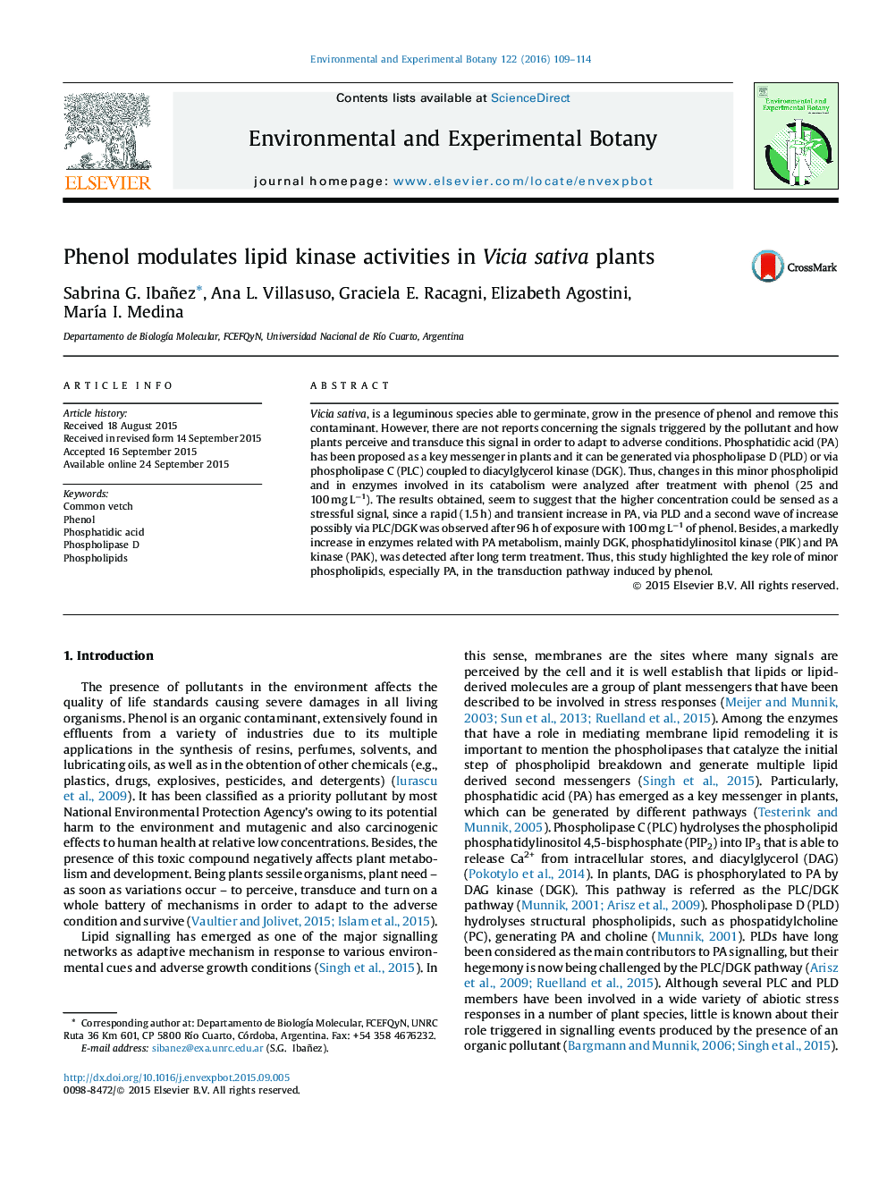 Phenol modulates lipid kinase activities in Vicia sativa plants