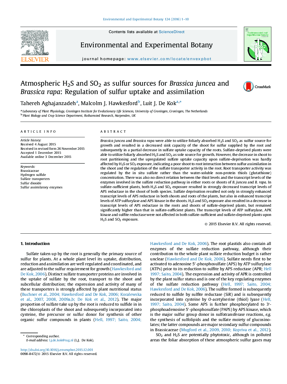 Atmospheric H2S and SO2 as sulfur sources for Brassica juncea and Brassica rapa: Regulation of sulfur uptake and assimilation