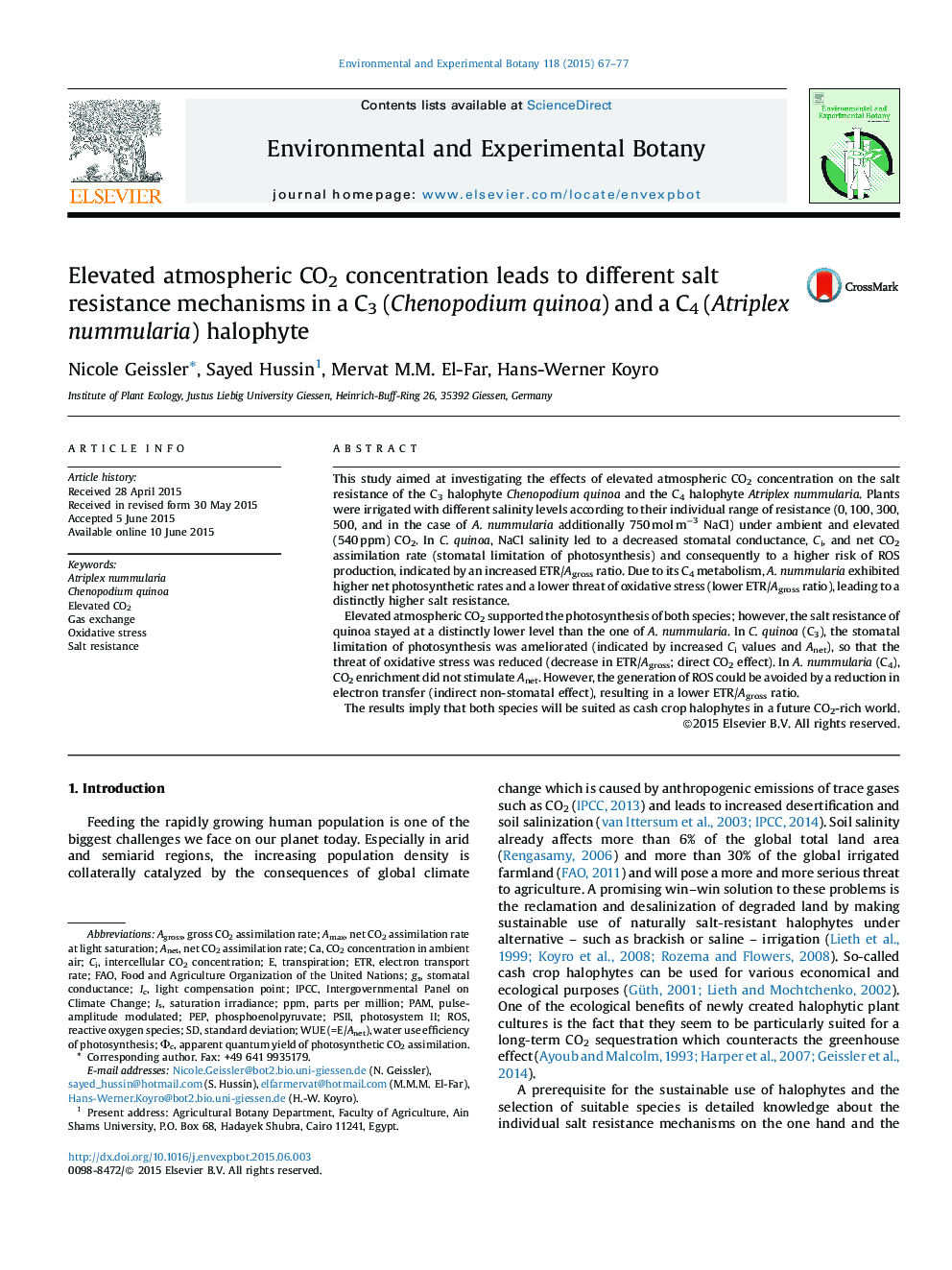 Elevated atmospheric CO2 concentration leads to different salt resistance mechanisms in a C3 (Chenopodium quinoa) and a C4 (Atriplex nummularia) halophyte