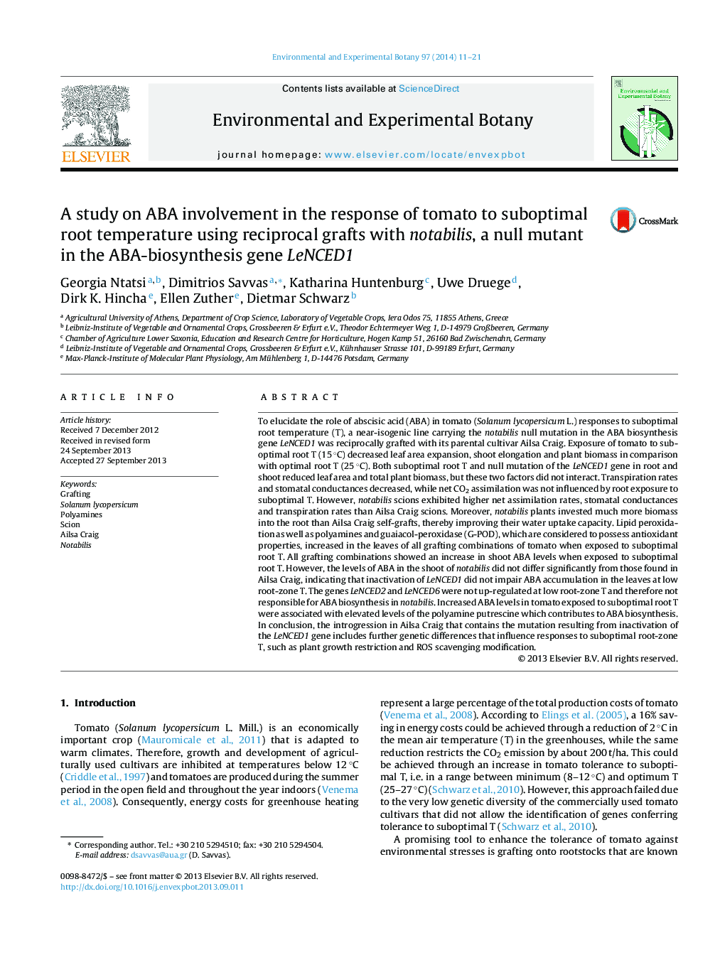 A study on ABA involvement in the response of tomato to suboptimal root temperature using reciprocal grafts with notabilis, a null mutant in the ABA-biosynthesis gene LeNCED1
