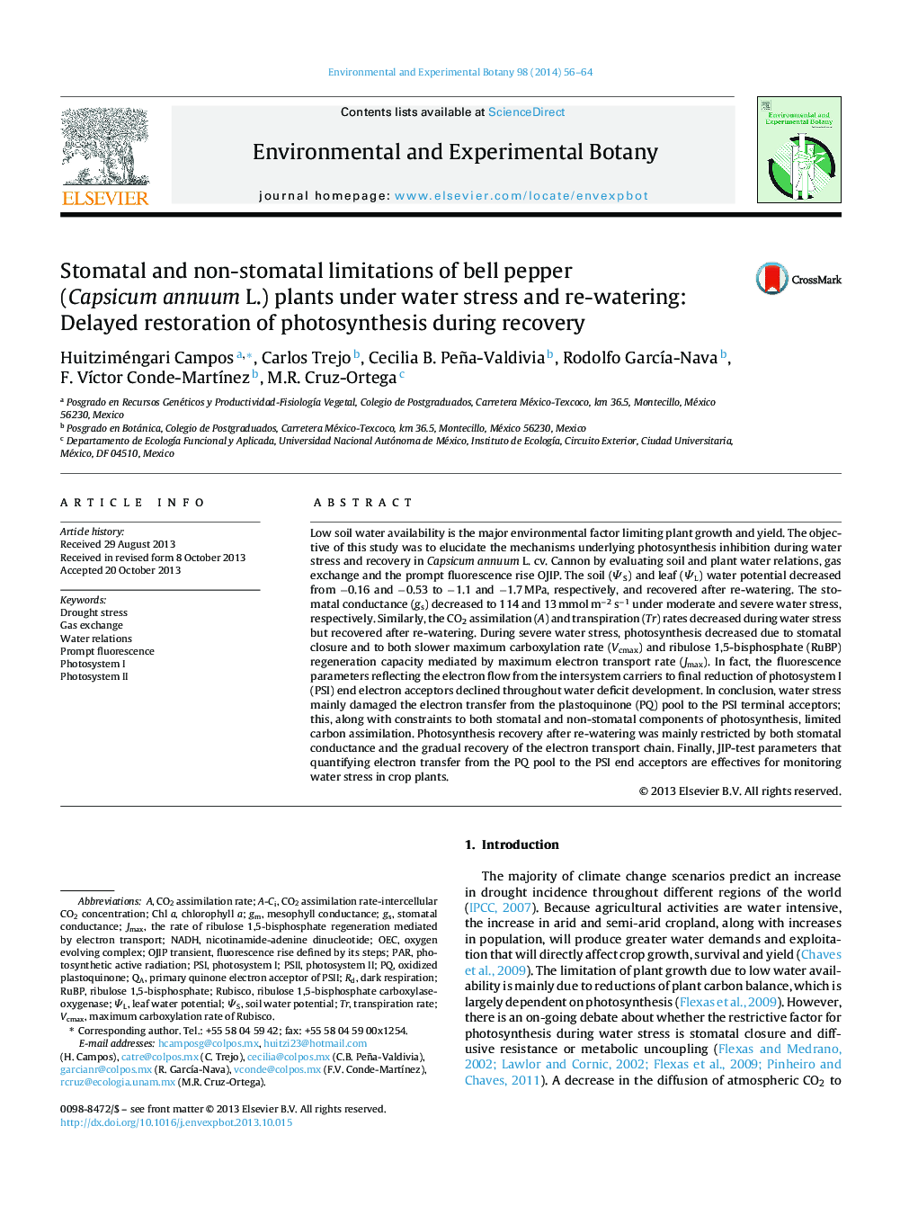 Stomatal and non-stomatal limitations of bell pepper (Capsicum annuum L.) plants under water stress and re-watering: Delayed restoration of photosynthesis during recovery