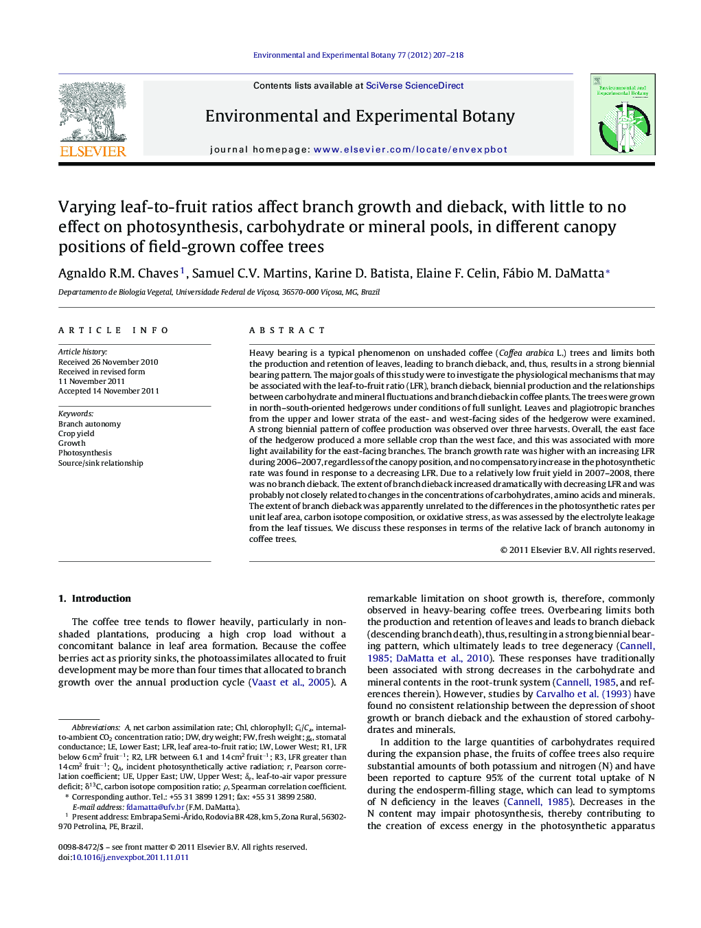 Varying leaf-to-fruit ratios affect branch growth and dieback, with little to no effect on photosynthesis, carbohydrate or mineral pools, in different canopy positions of field-grown coffee trees