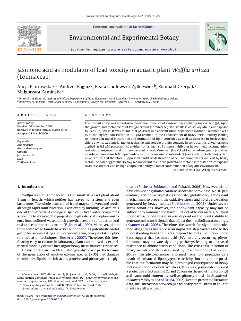 Jasmonic acid as modulator of lead toxicity in aquatic plant Wolffia arrhiza (Lemnaceae)