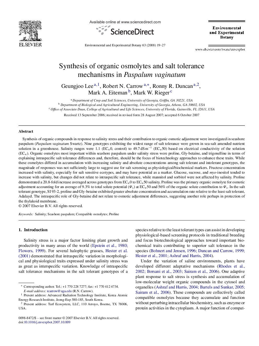 Synthesis of organic osmolytes and salt tolerance mechanisms in Paspalum vaginatum
