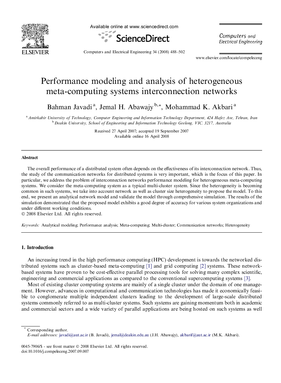 Performance modeling and analysis of heterogeneous meta-computing systems interconnection networks