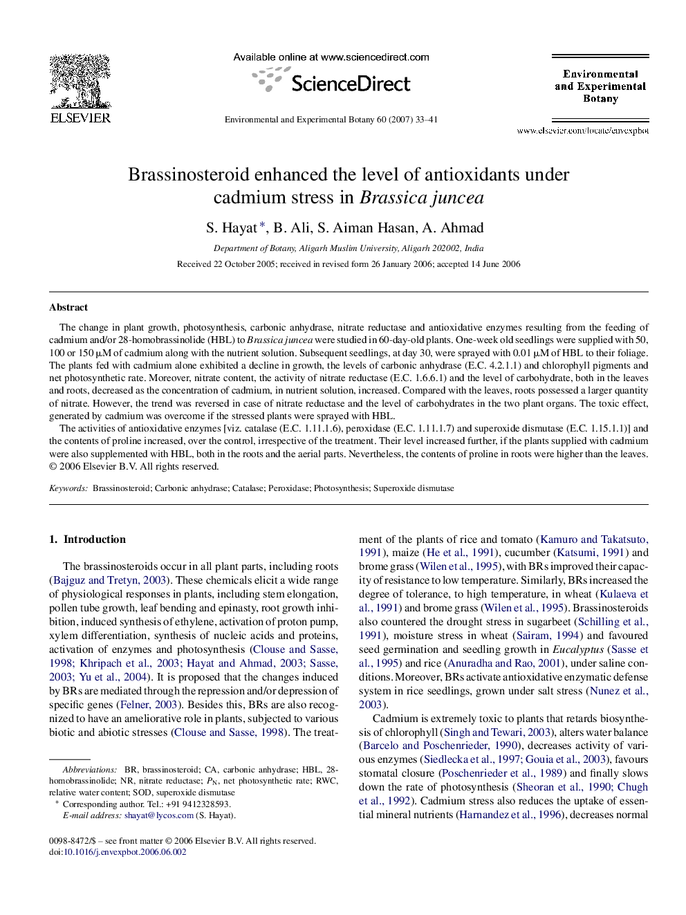 Brassinosteroid enhanced the level of antioxidants under cadmium stress in Brassica juncea