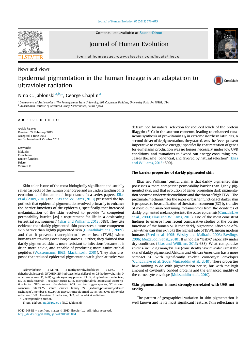 Epidermal pigmentation in the human lineage is an adaptation to ultraviolet radiation