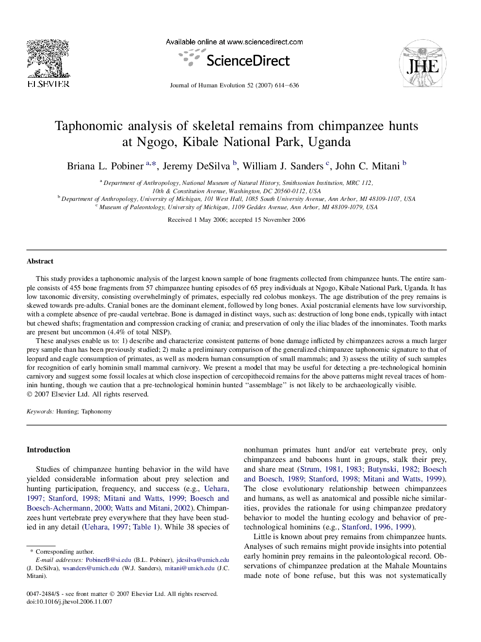 Taphonomic analysis of skeletal remains from chimpanzee hunts at Ngogo, Kibale National Park, Uganda