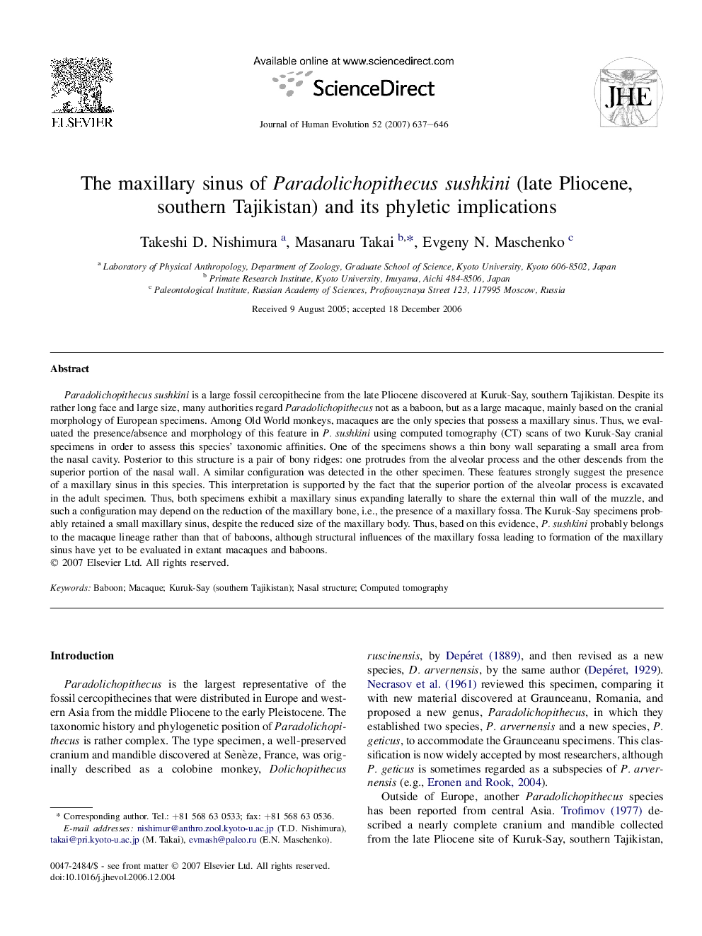 The maxillary sinus of Paradolichopithecus sushkini (late Pliocene, southern Tajikistan) and its phyletic implications