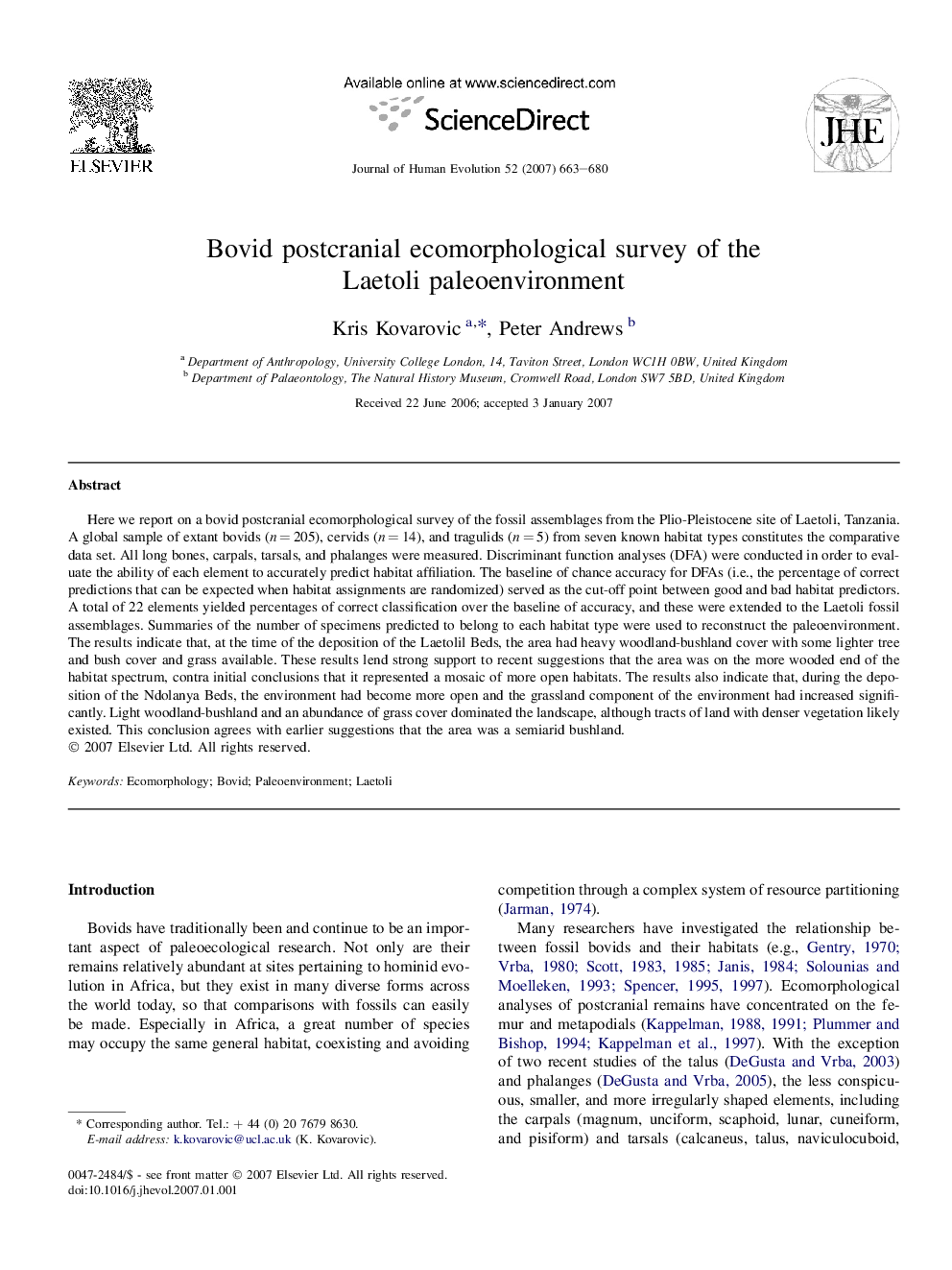 Bovid postcranial ecomorphological survey of the Laetoli paleoenvironment