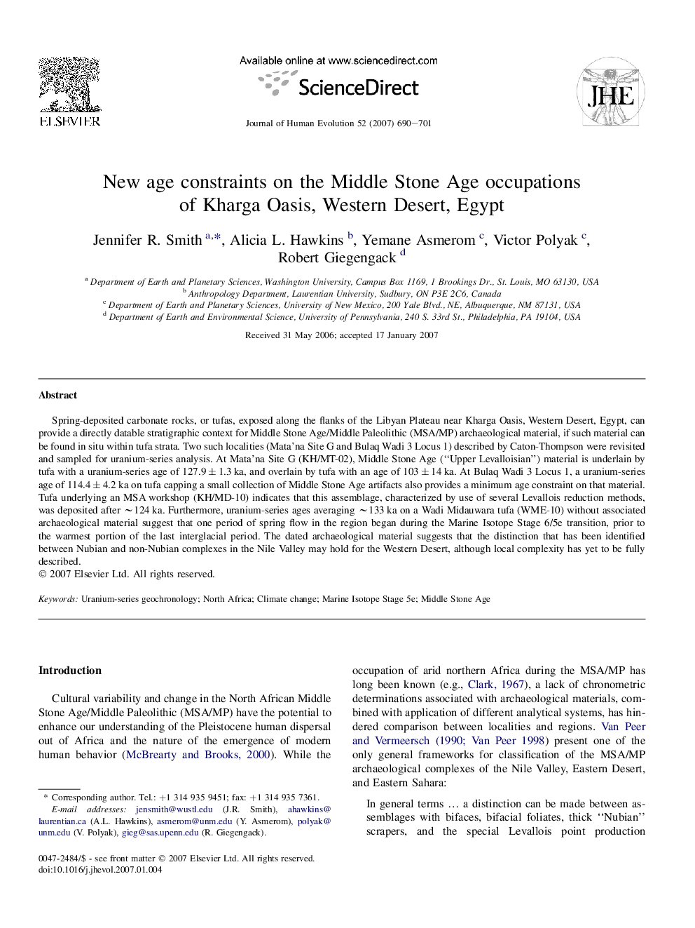 New age constraints on the Middle Stone Age occupations of Kharga Oasis, Western Desert, Egypt