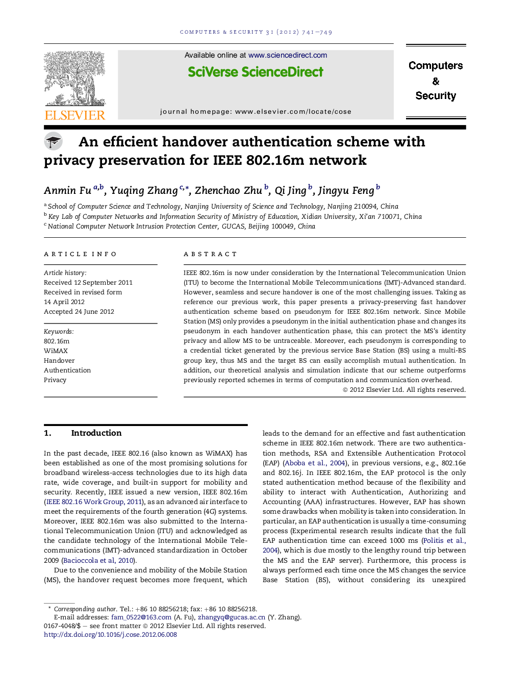 An efficient handover authentication scheme with privacy preservation for IEEE 802.16m network