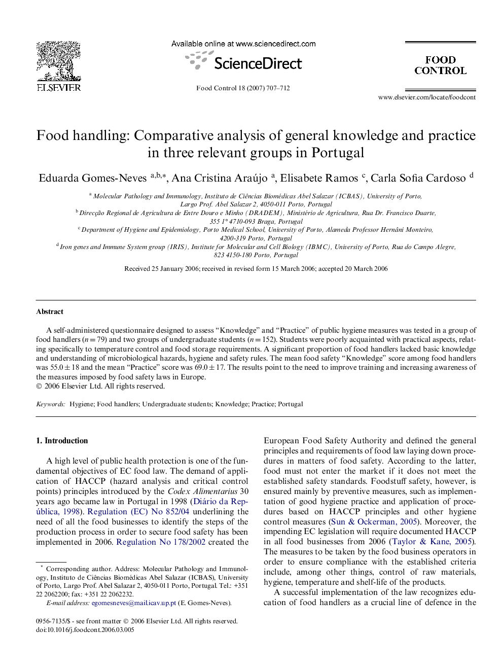 Food handling: Comparative analysis of general knowledge and practice in three relevant groups in Portugal