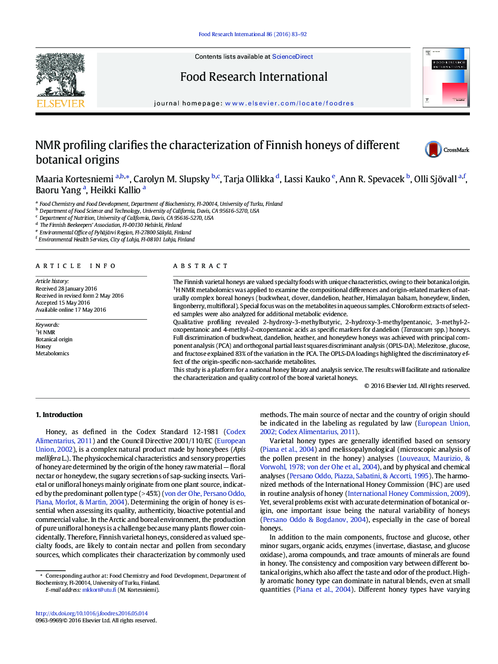 NMR profiling clarifies the characterization of Finnish honeys of different botanical origins